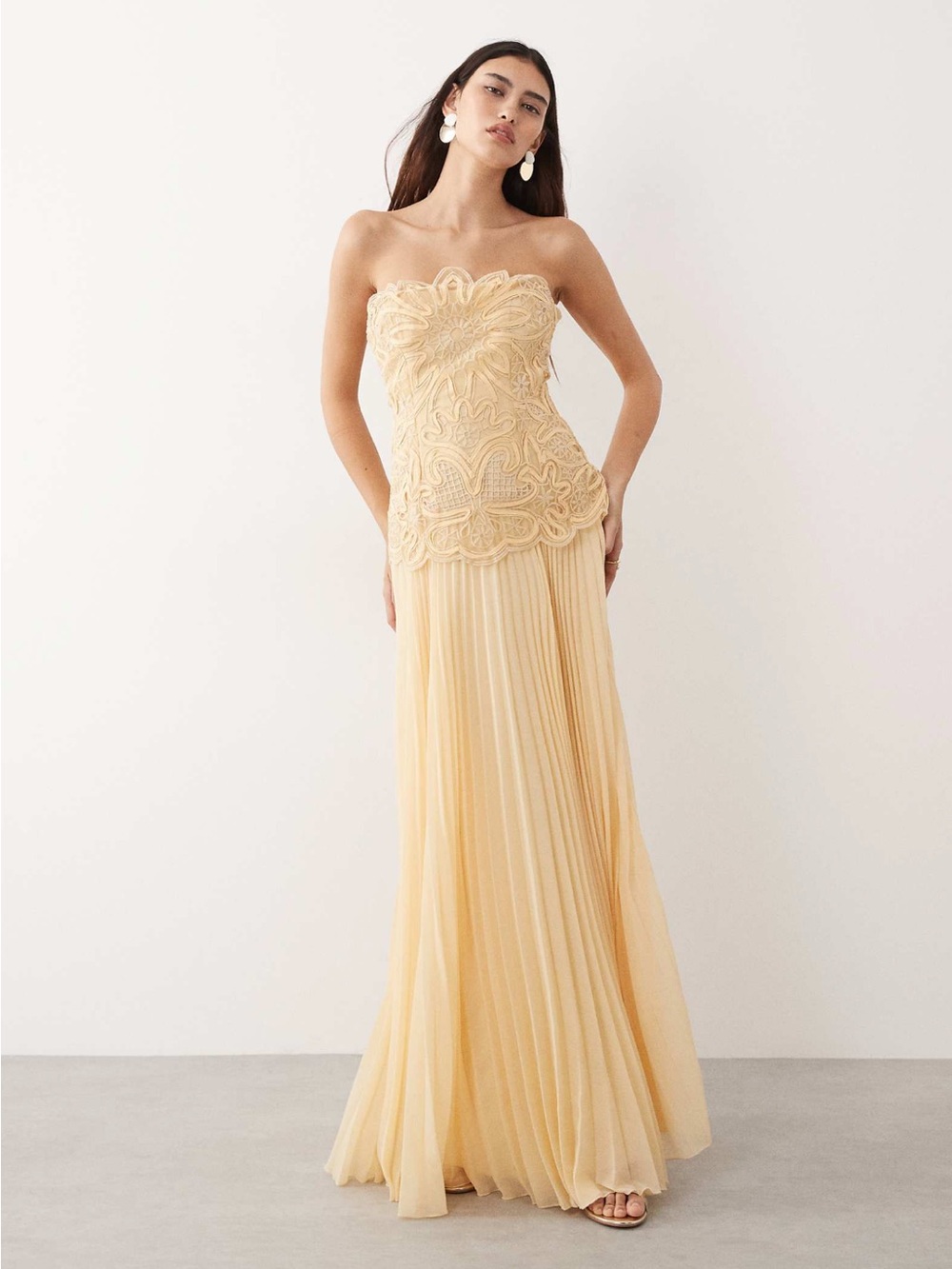 ASOS ARRANGE abstract cutwork strapless maxi dress with pleated skirt buttermilk